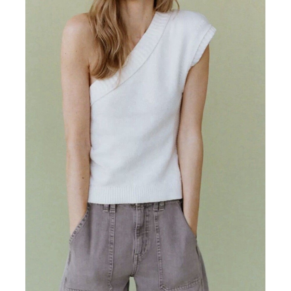 Anthropologie Maeve White One-Shoulder Sweater Tank Top Sz L Knit Asymmetric